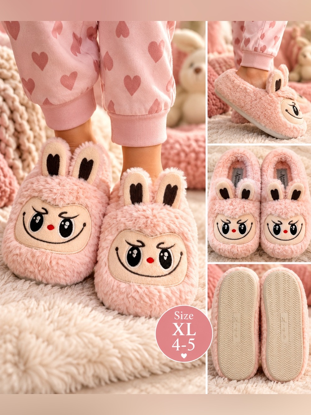 American Exchange Girls Pink Plush Monster Bunny Slippers NWT XL 4-5
